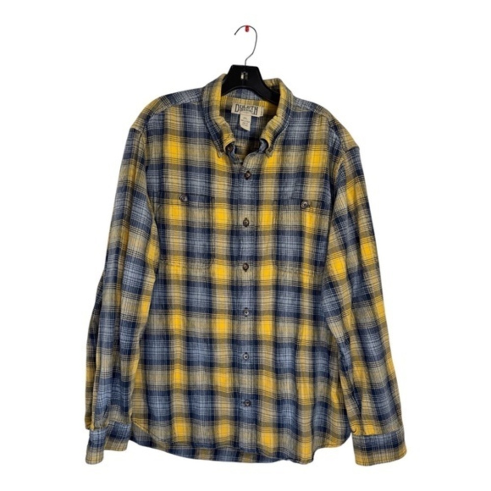 Duluth Trading Co Plaid Shirt Mens Size XXL Trim Fit Yellow Blue 100% Cotton Fla